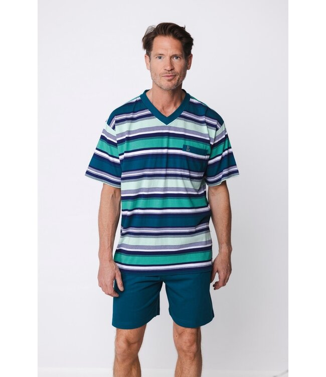 men's green short sleeve v neck cotton shorty set stripey green