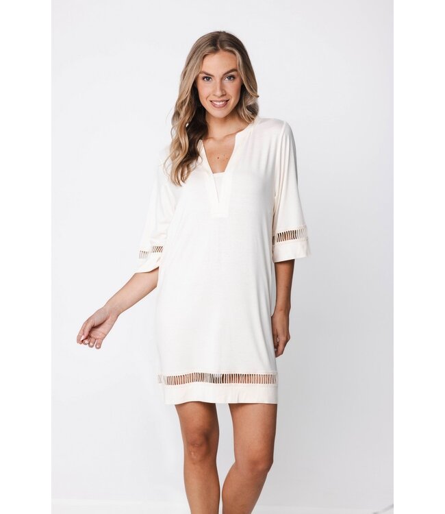off white v neck tunic style beach dress with pretty detail pure chic