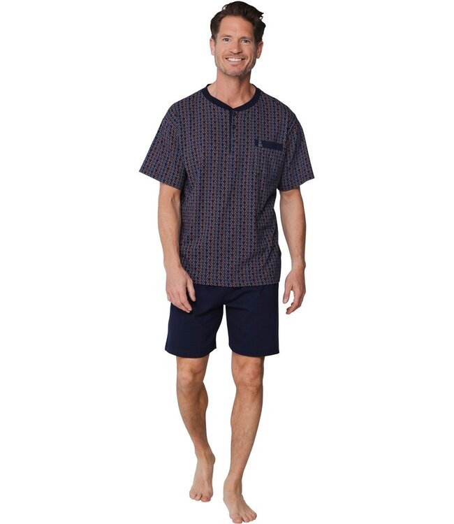 men's dark blue cotton shorty set with buttons triangle trivia