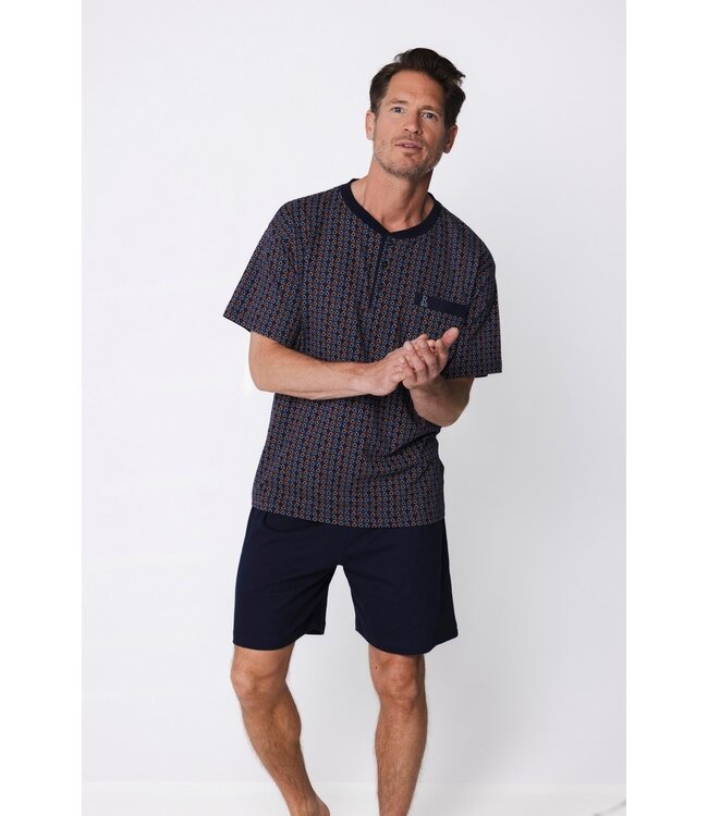 men's dark blue cotton shorty set with buttons triangle trivia