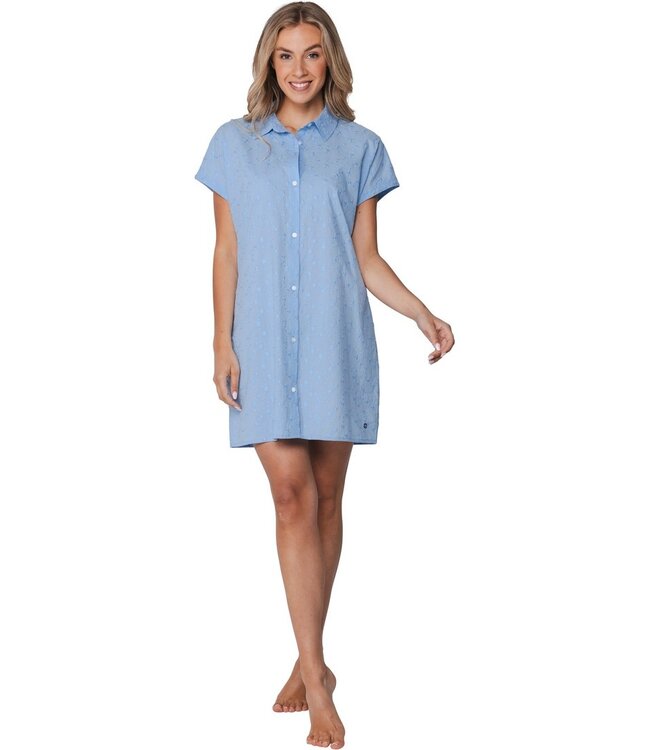 katoenen dames doorknoop nachthemd met korte mouwen Pretty Blue Flower