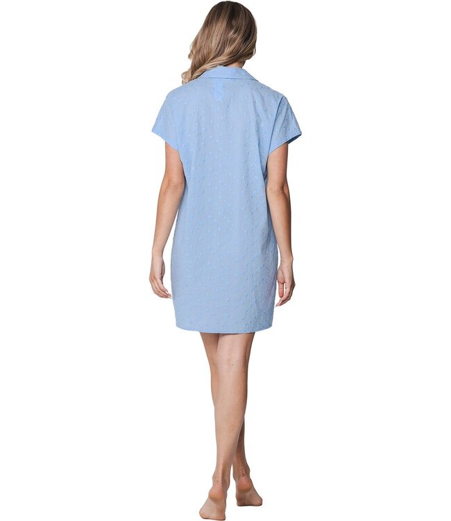 katoenen dames doorknoop nachthemd met korte mouwen Pretty Blue Flower