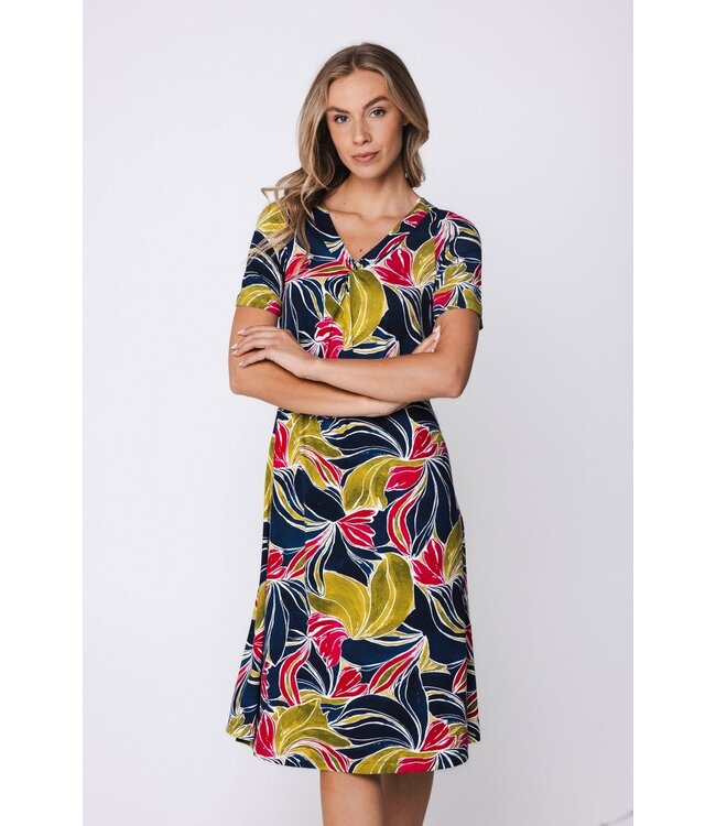 short sleeve dark blue floral beachdress tropical leaf