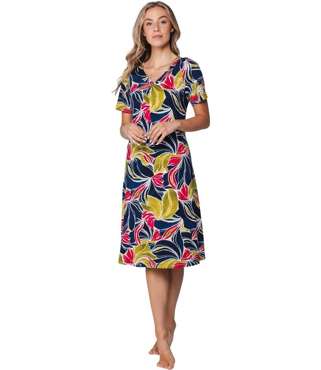 donkerblauwe bloemen strandjurkje met korte mouwen tropical leaf