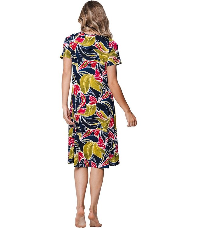 short sleeve dark blue floral beachdress tropical leaf