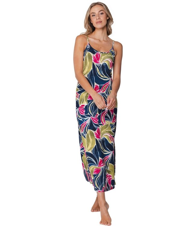 donkerblauwe lange strandjurk met spaghettibandjes tropical leaf