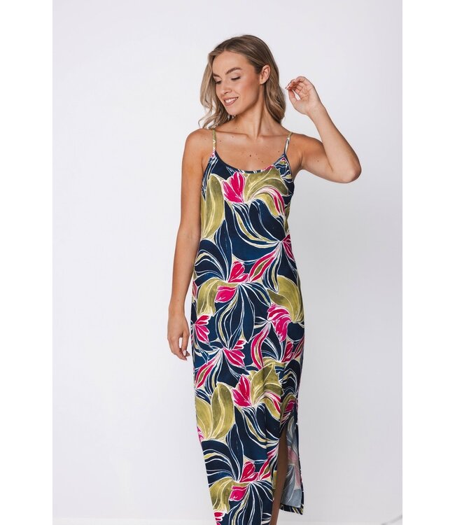long dark blue spaghetti strap floral beachdress tropical leaf