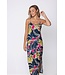donkerblauwe lange strandjurk met spaghettibandjes tropical leaf