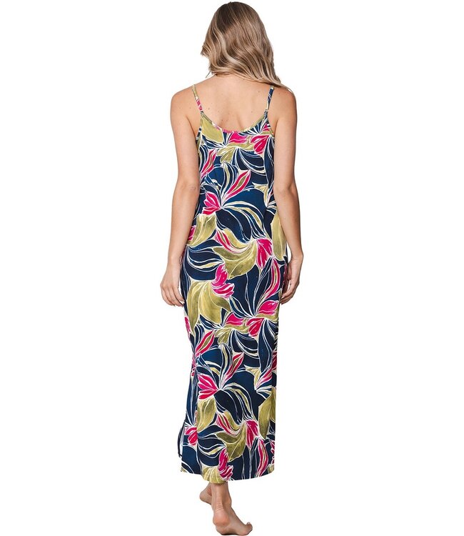 long dark blue spaghetti strap floral beachdress tropical leaf