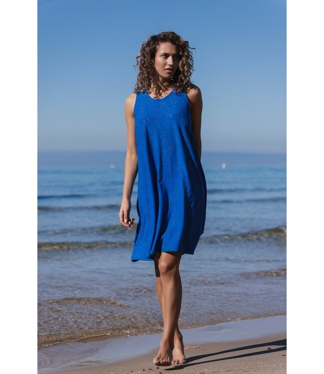 blauw mouwloos dames strandjurkje summer flower