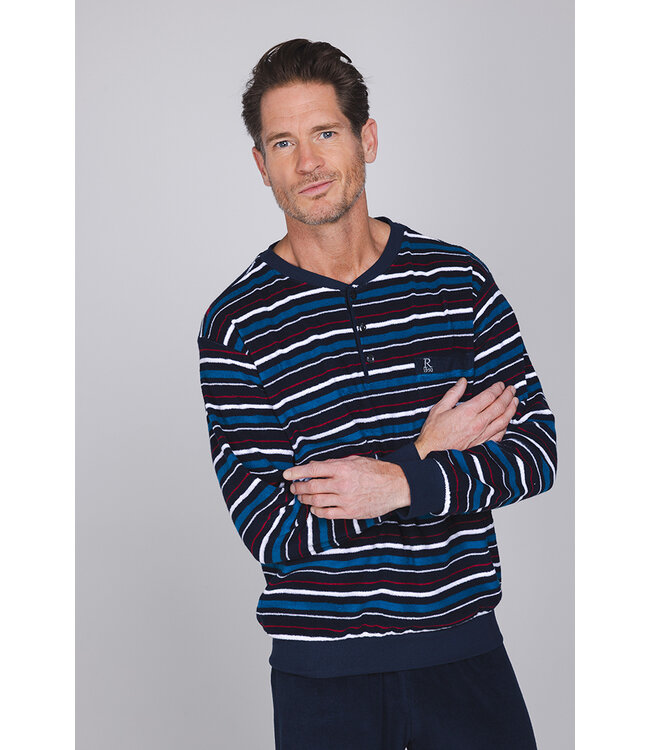 Dark blue cotton-terry men's pyjama with long sleeves Mixed Stripes