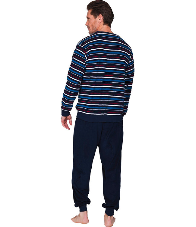Dark blue cotton-terry men's pyjama with long sleeves Mixed Stripes