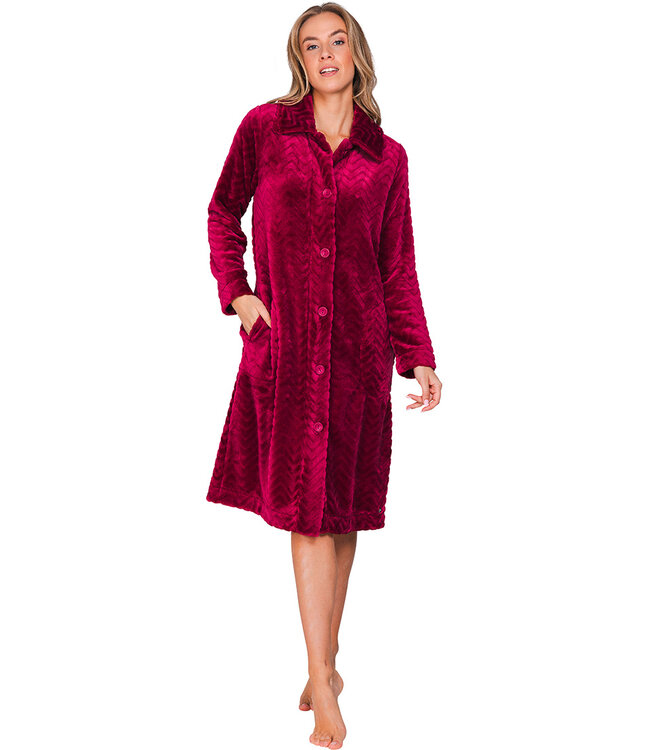 Donkerrode fleece ochtendjas met kraag Bordeaux Zigzag