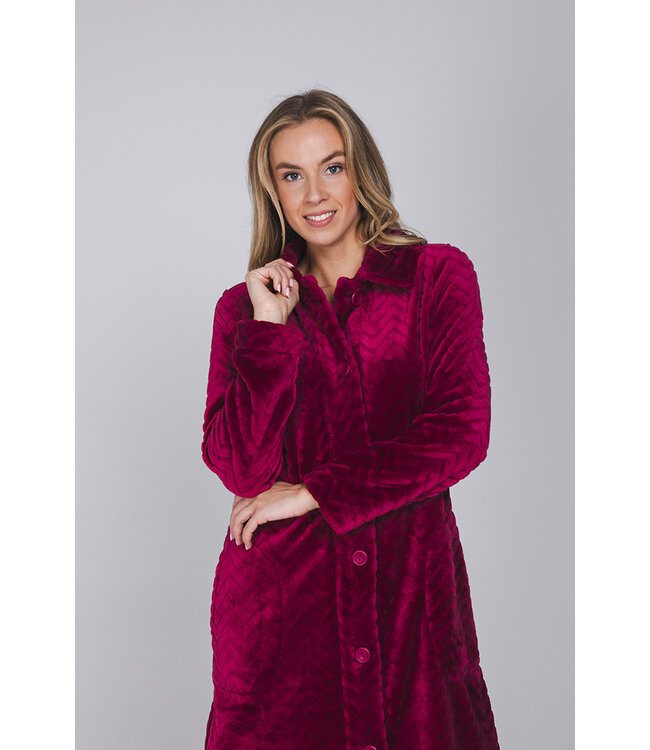 Donkerrode fleece ochtendjas met kraag Bordeaux Zigzag