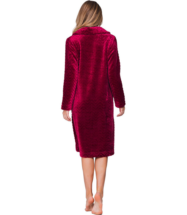 Donkerrode fleece ochtendjas met kraag Bordeaux Zigzag
