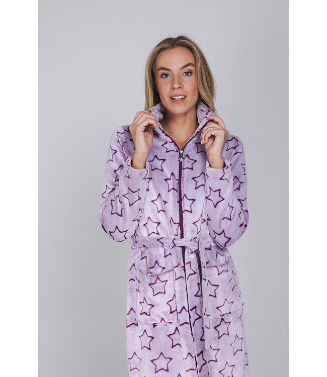 Dark purple fleece morning gown with zip long Fabulously Starry