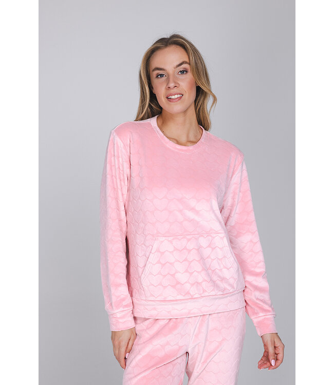 Lichtroze fleece pyjama met kangoeroe zak True Love