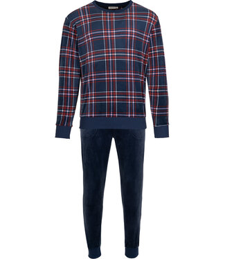 Pastunette for Men Donkerblauwe fleece heren pyjama lange mouwen Modern Check