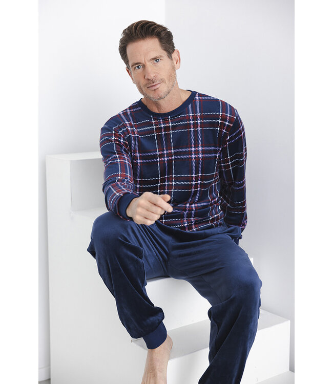 Donkerblauwe fleece heren pyjama lange mouwen Modern Check
