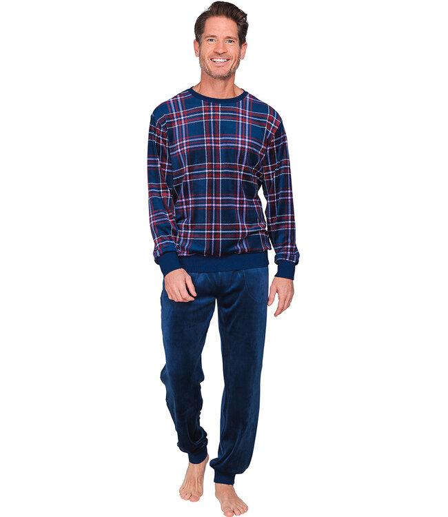 Dark blue fleece men's pyjama with long sleeves Modern Check