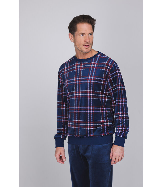 Dark blue fleece men's pyjama with long sleeves Modern Check