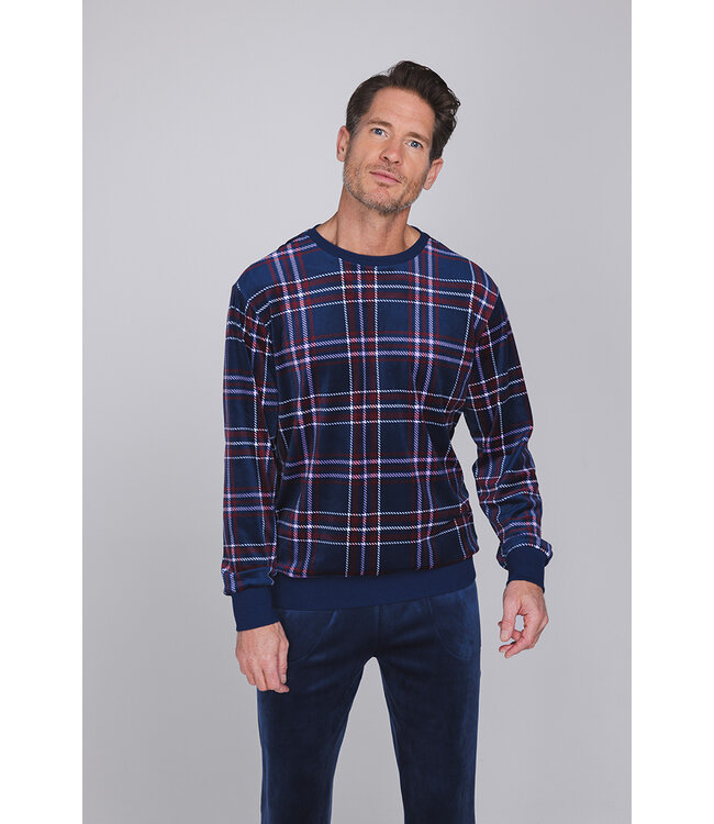 Donkerblauwe fleece heren pyjama lange mouwen Modern Check
