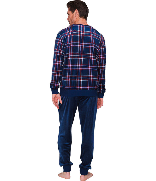 Dark blue fleece men's pyjama with long sleeves Modern Check