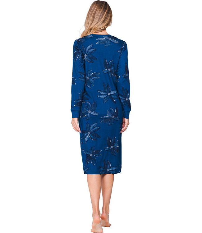 Donkerblauw katoenen nachthemd met boorden lange mouwen Fancy Floral