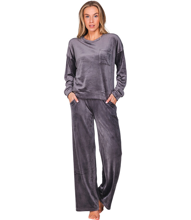Donkergrijze fleece pyjama met borstzakje Fabulously Chic