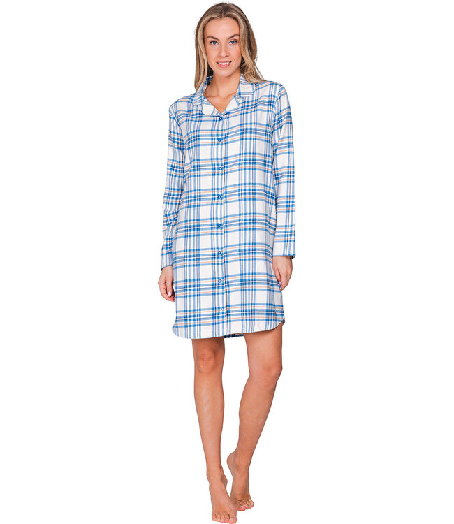 Blue cotton flannel nightdress full button Trendy Check