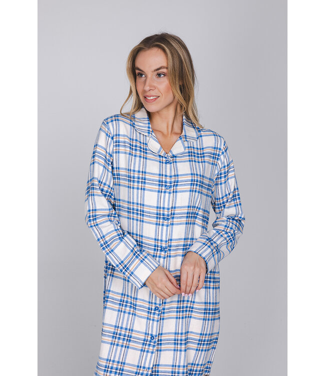 Blue cotton flannel nightdress full button Trendy Check