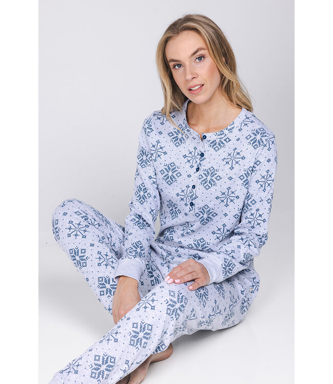 Donkerblauwe pyjama van wafelstof met knoopsluiting Snowflake Sparkle