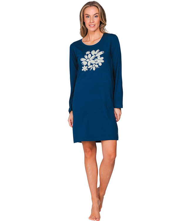 Dark blue organic cotton long sleeved nightdress Flower Blooms