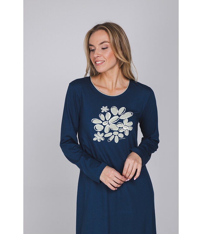 Dark blue organic cotton long sleeved nightdress Flower Blooms