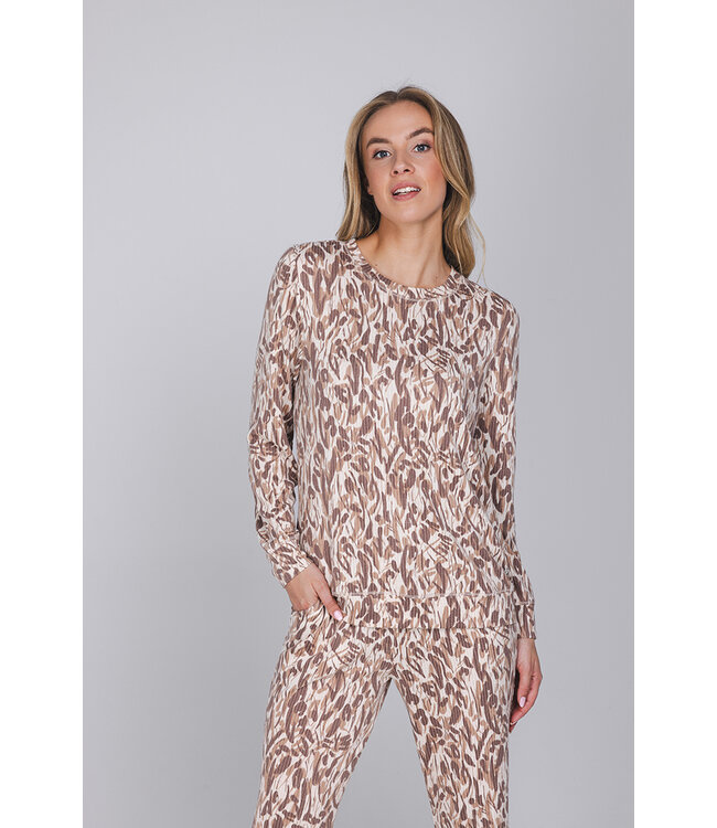 Bruine fleece damespyjama lange mouwen Pastel Flowers