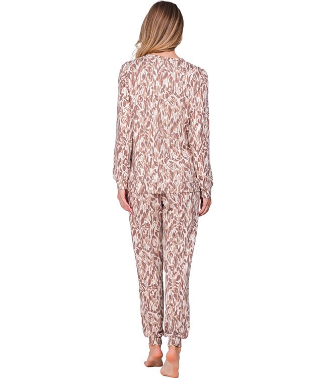 Bruine fleece damespyjama lange mouwen Pastel Flowers