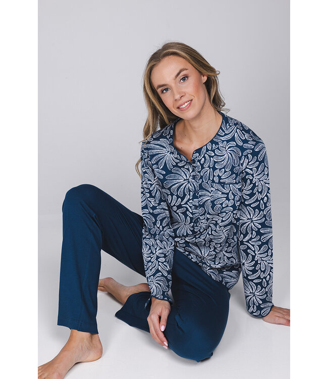Dark blue cotton interlock pyjama with mandarin collar Winter Flower