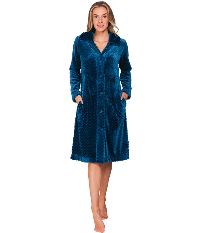 Donkerblauwe fleece ochtendjas met kraag Teal Zig Zag