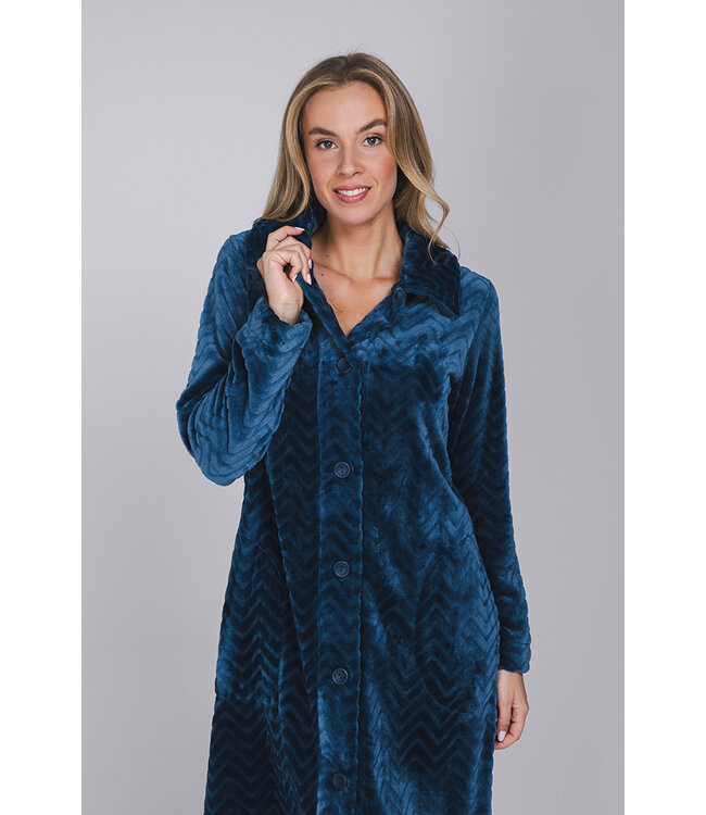 Donkerblauwe fleece ochtendjas met kraag Teal Zig Zag