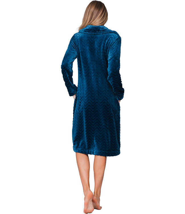 Dark blue fleece morning gown with collar Teal Zig Zag