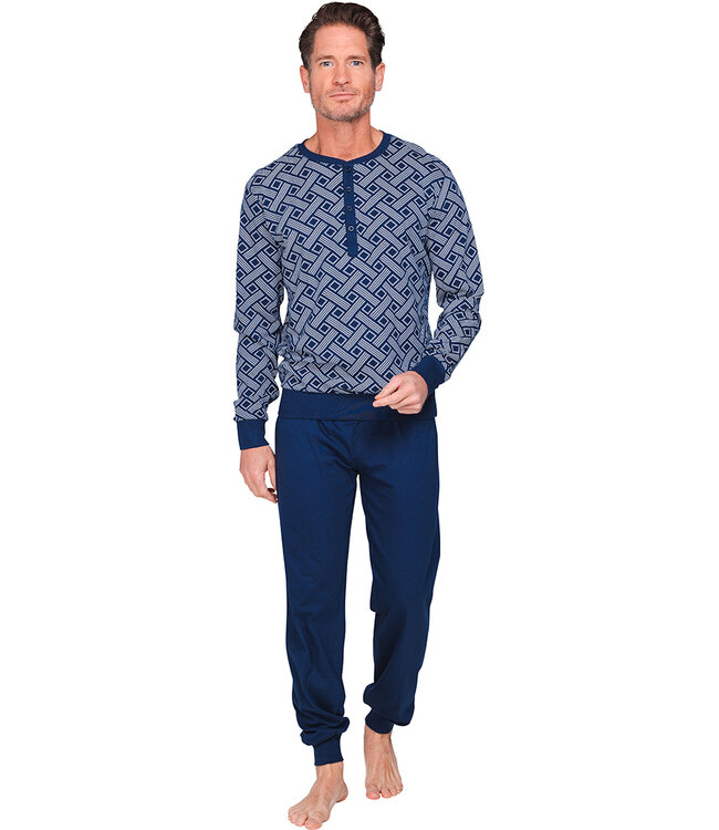 Dark blue cotton men's pyjama with mandarin collar Brick Block