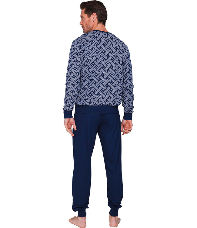 Dark blue cotton men's pyjama with mandarin collar Brick Block