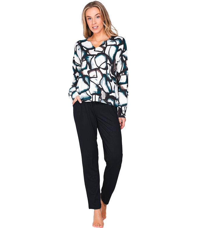 Zwarte ecovero viscose damespyjama ronde hals met boorden lange mouwen Artistic Links