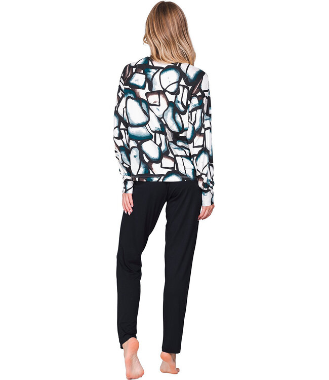 Zwarte ecovero viscose damespyjama ronde hals met boorden lange mouwen Artistic Links