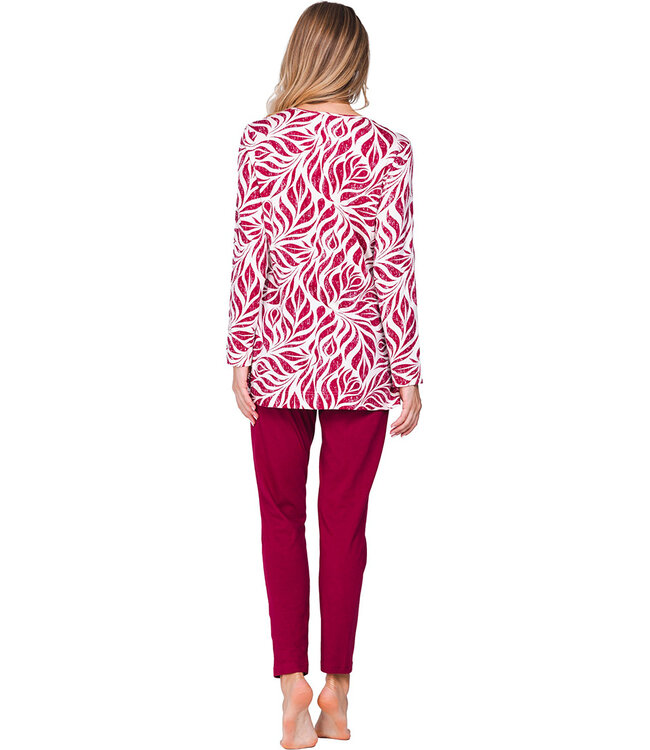 Dark red organic cotton long sleeved pyjama Graphic Leaves