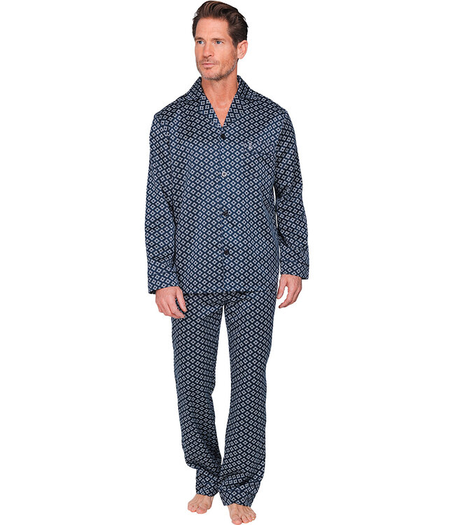 Donkerblauwe cuddle satin heren pyjama Geometric Groovy Squares