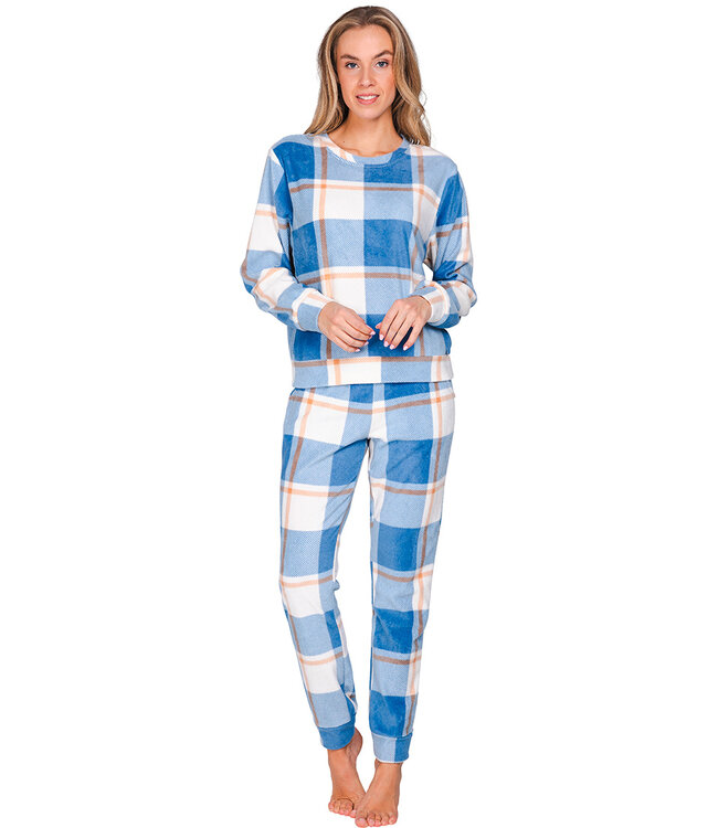 Blauwe fleece pyjama met boorden en voorzakken Chunky Check