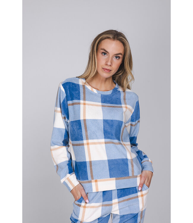 Blauwe fleece pyjama met boorden en voorzakken Chunky Check