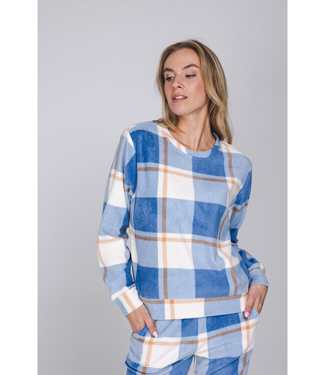 Blauwe fleece pyjama met boorden en voorzakken Chunky Check