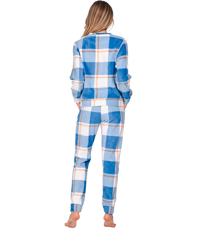 Blauwe fleece pyjama met boorden en voorzakken Chunky Check